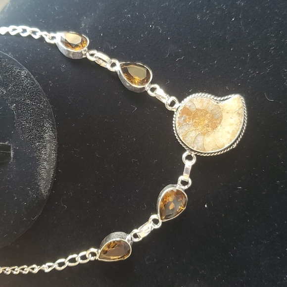 New Ammonite Fossil and Smoky Topaz 925 Silver Necklace. - Picture 12 of 16
